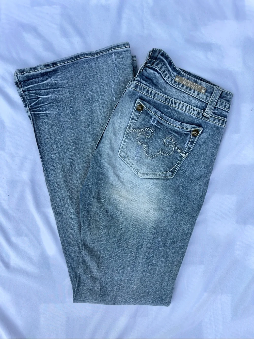 y2k rerock by express low rise light wash bootcut embroidered jeans size 8R